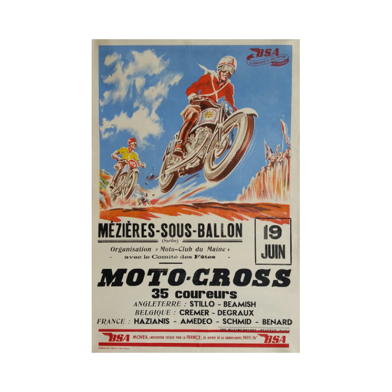 Affiche ancienne originale Moto-Cross BSA Geo HAM