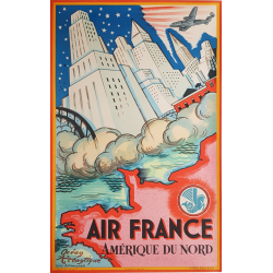 Affiche ancienne originale Air France Amérique du nord 1946 Guy ARNOUX