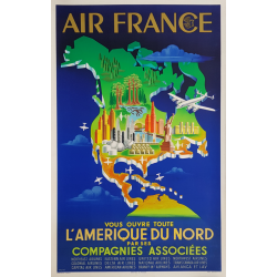 Original vintage poster Air France North America PLAQUET