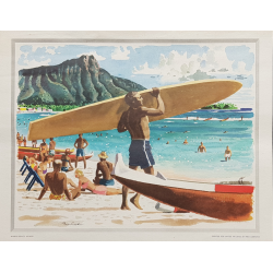 Affiche ancienne Waikiki beach Surf Hawaii LUDEKENS