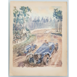 Lithographie ancienne originale 24 heures mans Delahaye Simca 1938 GEO HAM