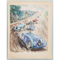 Lithographie ancienne originale 24 heures mans Bugatti Delage 1939 GEO HAM