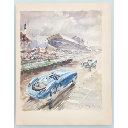 Lithographie ancienne originale 24 heures mans Bugatti Veyron Labric tribunes 1937 GEO HAM