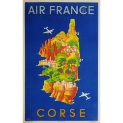 Affiche ancienne originale Air France Corse 1949 Lucien BOUCHER
