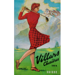 Affiche ancienne originale golf Villars Chesières Suisse HENCHOZ