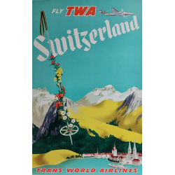 Original vintage travel poster Fly TWA Switzerland Trans World Airlines