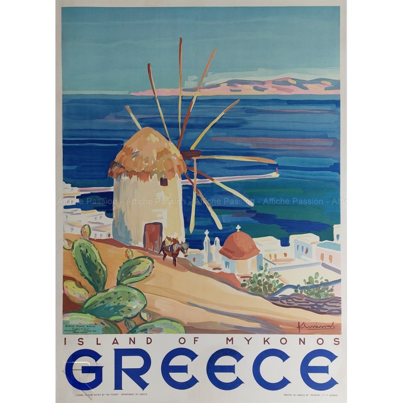 Affiche ancienne originale Greece Island de Mykonos 1949 Linakis Kostas