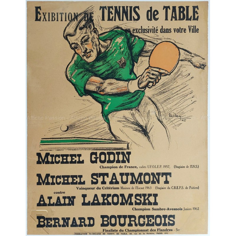 Affiche ancienne originale Exhibition Tennis de Table Ping Pong FFTT RILEY