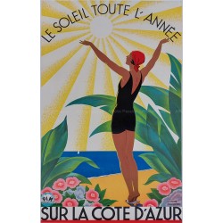 Affiche ancienne originale PLM Soleil toute l'année sur la Côte d'Azur BRODERS