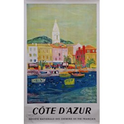 Affiche ancienne originale SNCF Côte d'Azur St Tropez 1958 BEZOMBES