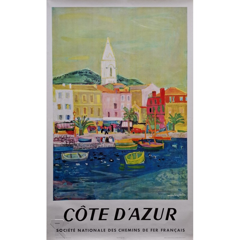 Affiche ancienne originale SNCF Côte d'Azur St Tropez 1958 BEZOMBES