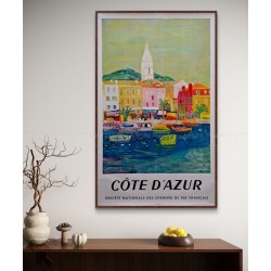 Encadrée affiche ancienne originale SNCF Côte d'Azur St Tropez 1958 BEZOMBES