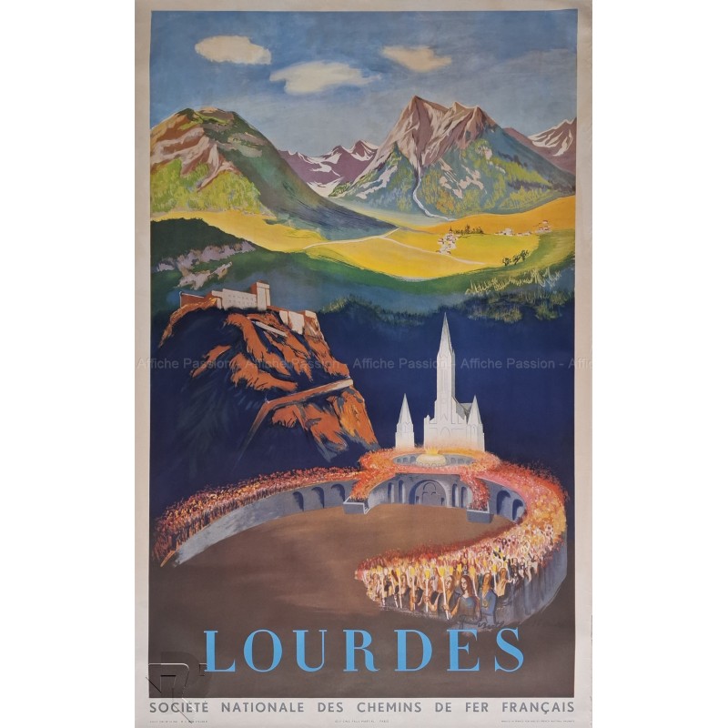 Affiche ancienne originale SNCF Lourdes Pyrénées 1951