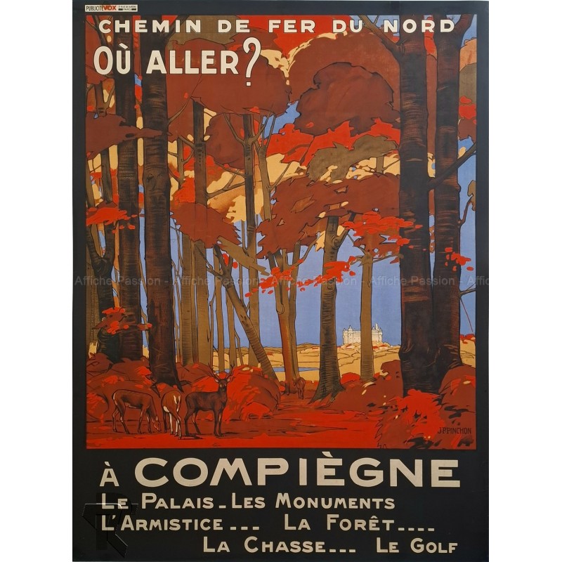 Affiche ancienne originale COMPIEGNE Forêt Chasse Golf PINCHON