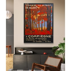 Encadrée affiche ancienne originale COMPIEGNE Forêt Chasse Golf PINCHON