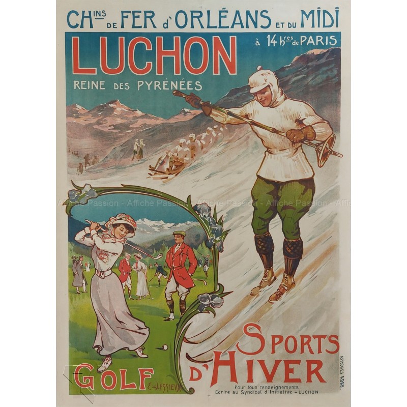 Affiche ancienne originale LUCHON Golf Sports D'Hiver LESSIEUX