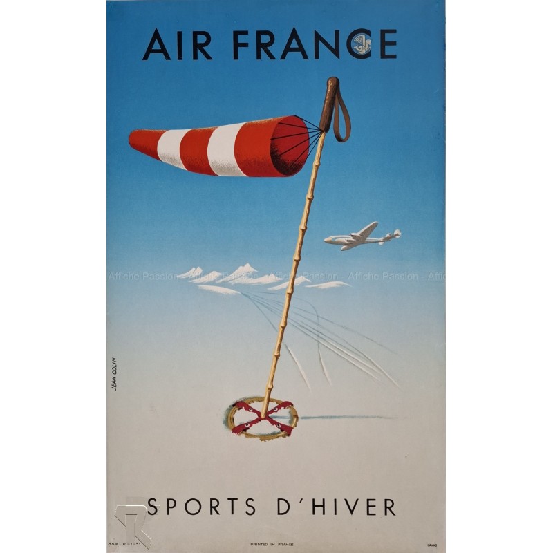 Affiche ancienne originale Air France Sports D'Hiver Jean COLLIN