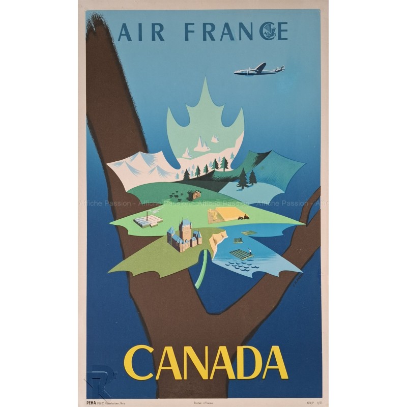 Affiche ancienne originale Air France CANADA 1951 NABRIN